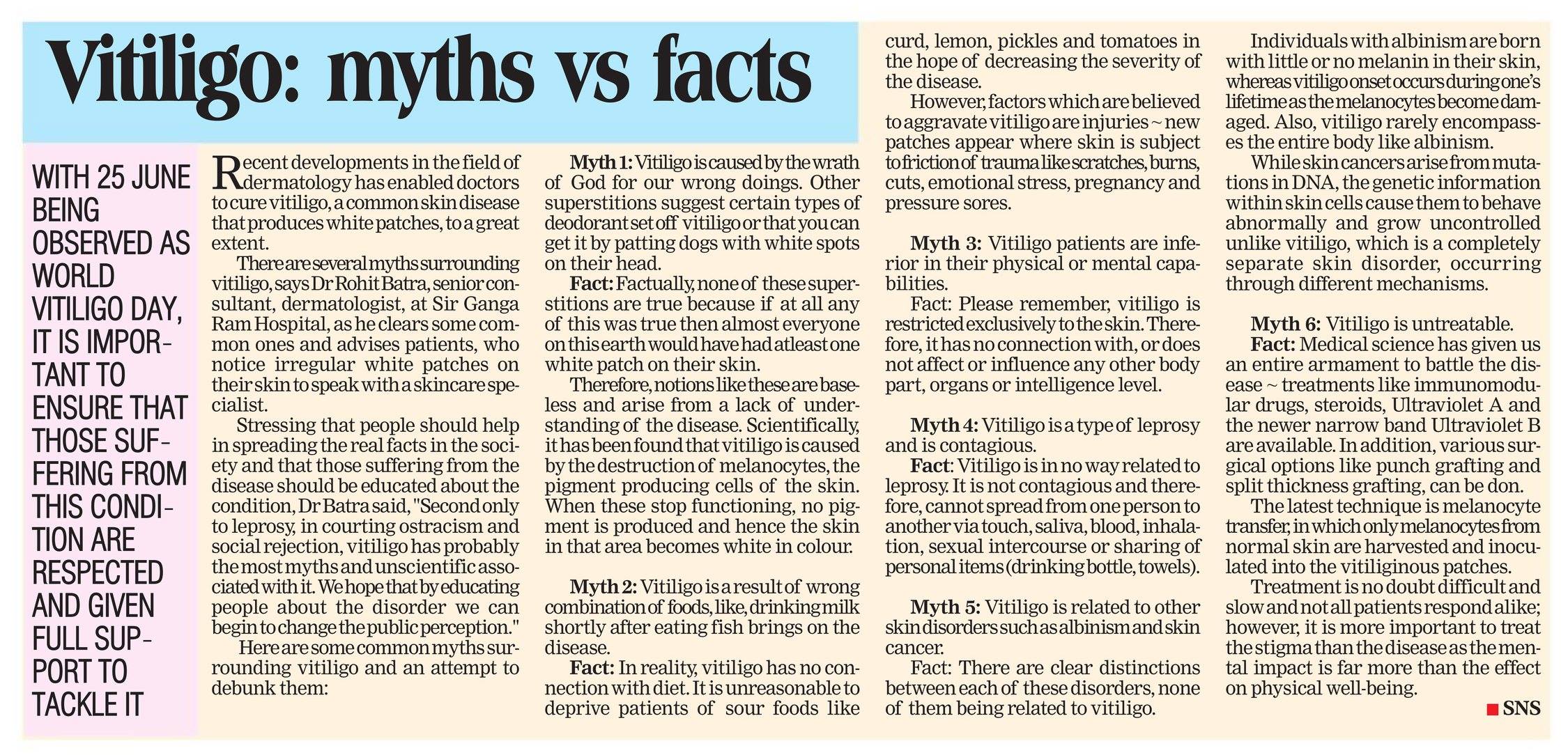 Myths Vs Facts about Vitiligo cleared by Dr. Rohit Batra, Dermatologist, Dermaworld Skin & Hair Clinics.